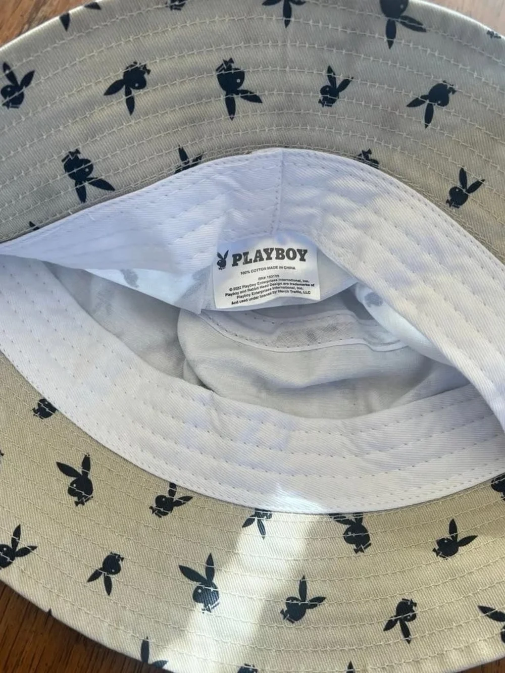 PLAYBOY Cream Bucket Hat with Black Bunny Motif